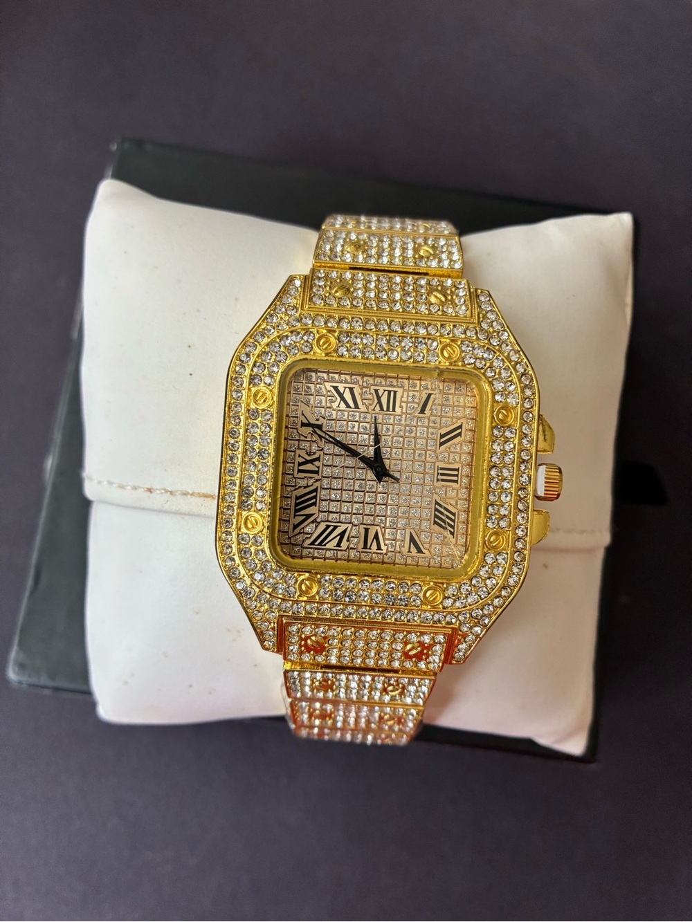 Gold Tone Square Dial Watch w/Roman Numerals (discounted due to cracked face)